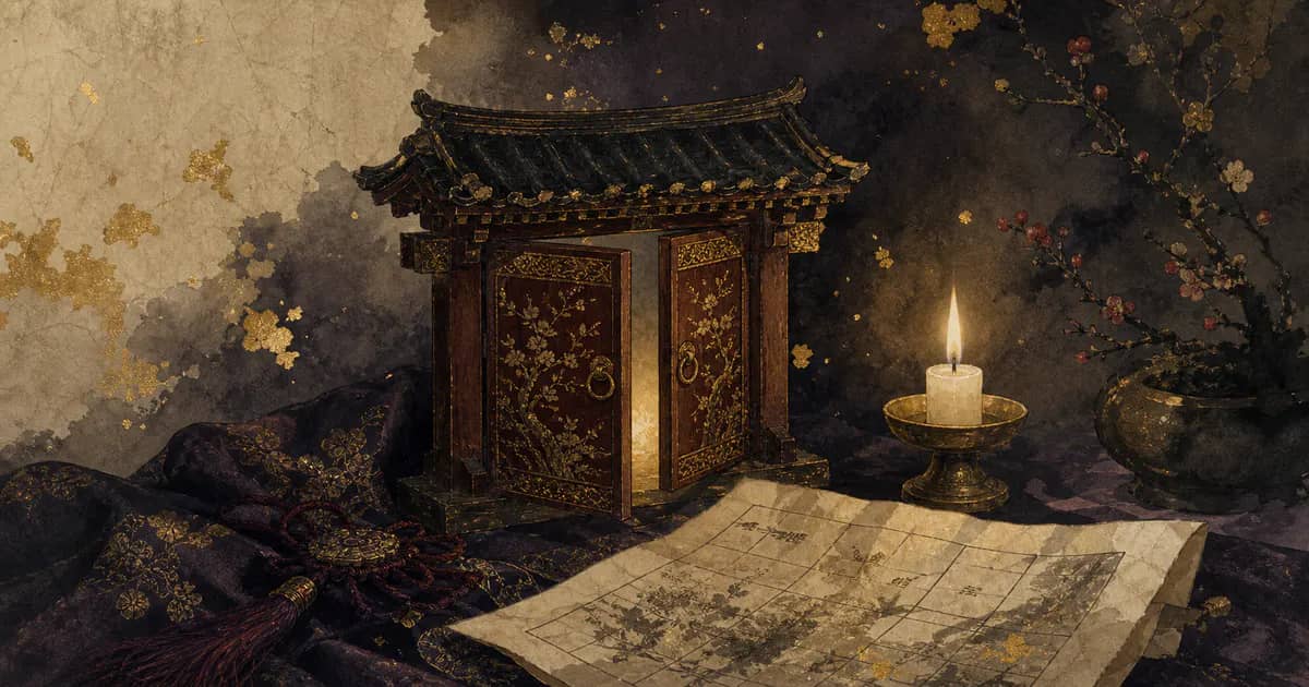 귀문관살을 상징하는 반쯤 열린 문과 촛불 만세력 일러스트