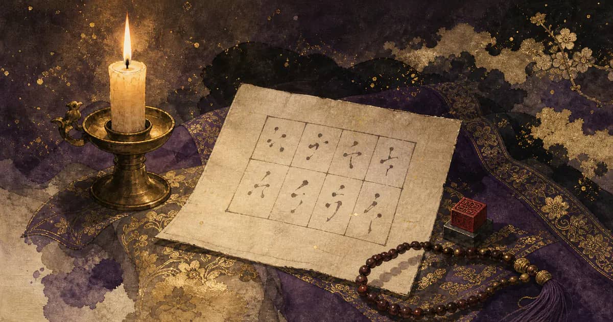 만세력 보는법을 상징하는 펼쳐진 사주 차트와 촛불 일러스트