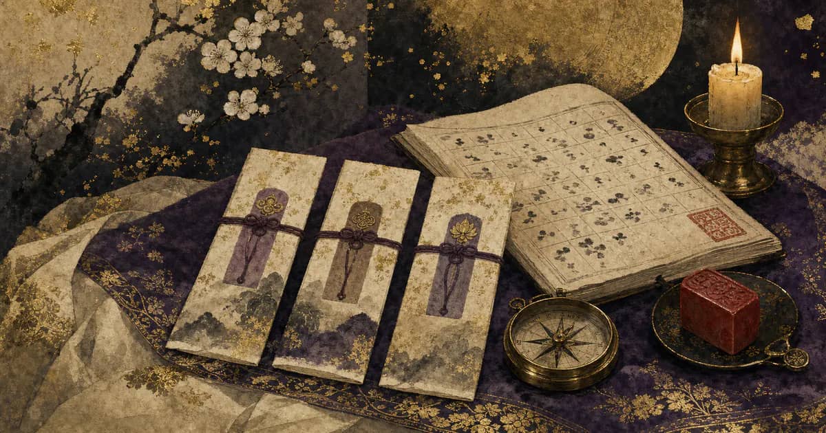 삼재를 상징하는 세 장의 부적과 만세력 차트 일러스트